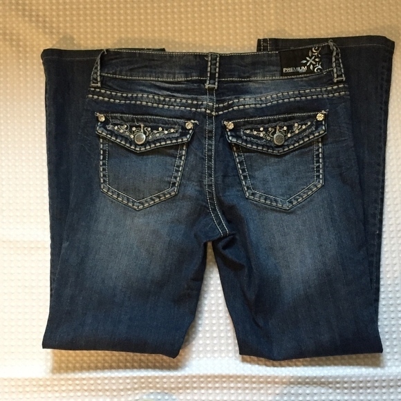 Warehouse One Premium Jeans Womens 29 Boot Cut Mid Rise Rhinestone Pocket Flaps - Picture 5 of 8